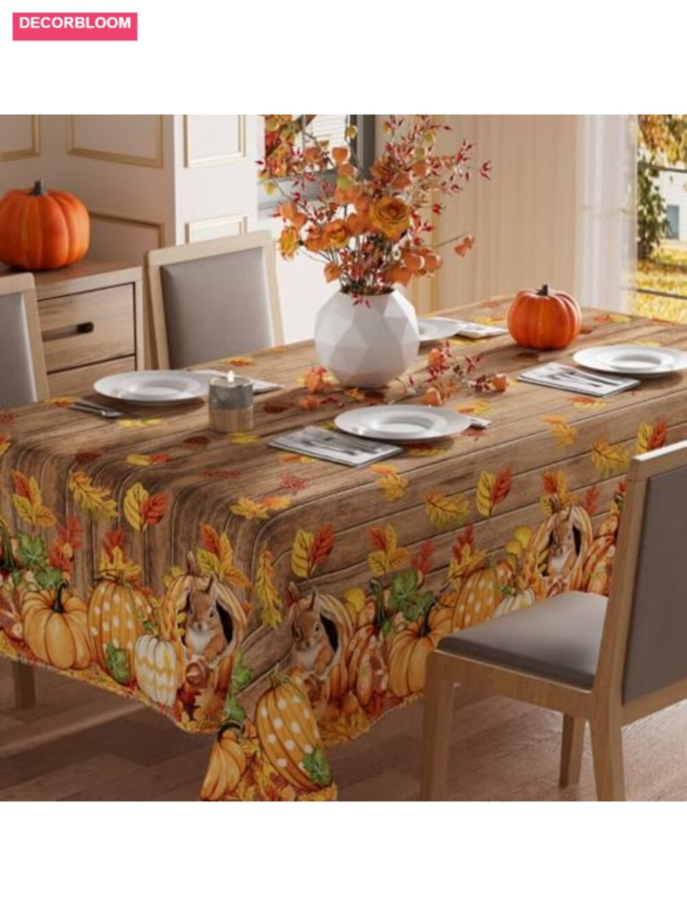 Fall Squirrel Pumpkin Rectangular Tablecloth 60x84 Inch Polyester